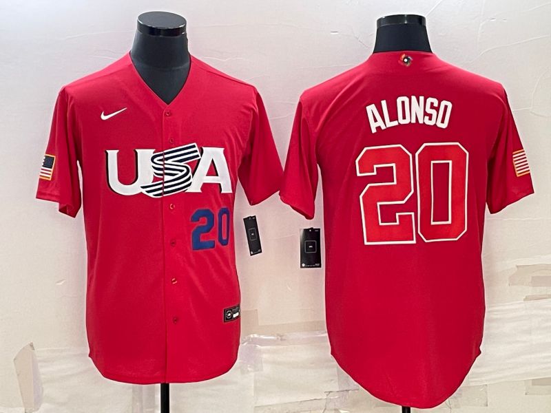 Men 2023 World Cub USA #20 Alonso Red Nike MLB Jersey5